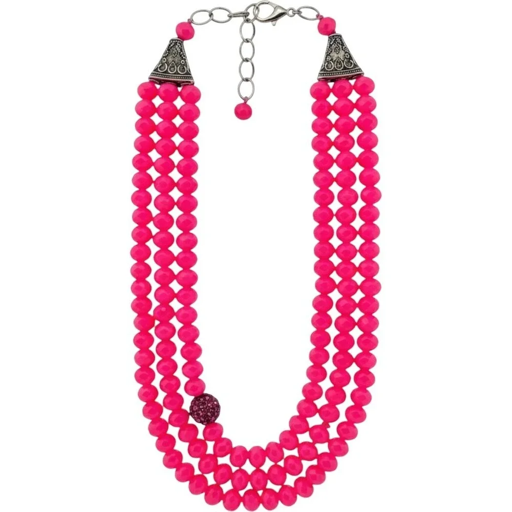 Triple Strand Necklace Womens Hot Pink Beaded Statement Pavé Ball